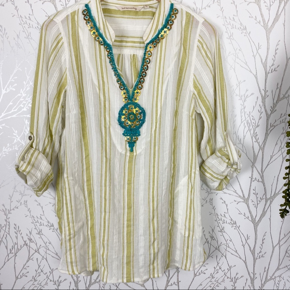 SOFT SURROUNDINGS Elisha Turquoise Beaded Cotton Stripe Tunic Top Blouse M - Picture 14 of 15